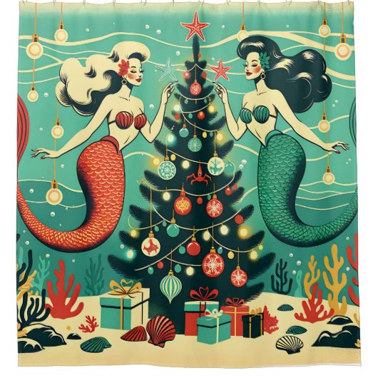 "Whimsical Mermaid Holiday Scene" Douchegordijn (Voorkant)