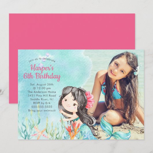 Whimsical Mermaid Photo Birthday Invitation Kaart (Voorkant / Achterkant)