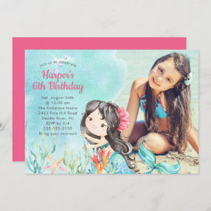 Whimsical Mermaid Photo Birthday Invitation Kaart