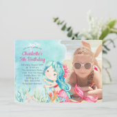 Whimsical Mermaid Photo Birthday Invitation Kaart (Staand voorkant)