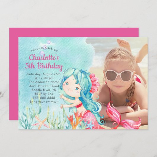 Whimsical Mermaid Photo Birthday Invitation Kaart (Voorkant / Achterkant)