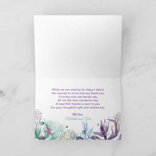 Whimsical Mermaid Tail Onder het Zeeen Baby shower Bedankkaart (Binnen)