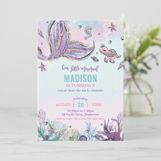 Whimsical Mermaid under the Zee Birthday Party Kaart (Staand voorkant)