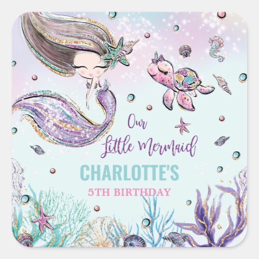 Whimsical Mermaid under the Zee Birthday Party Vierkante Sticker (Voorkant)