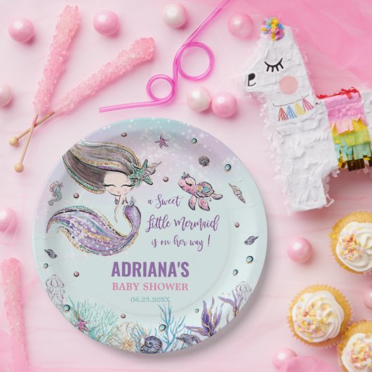 Whimsical Mermaid under the Zee Girl Baby shower Papieren Bordje (Feest)