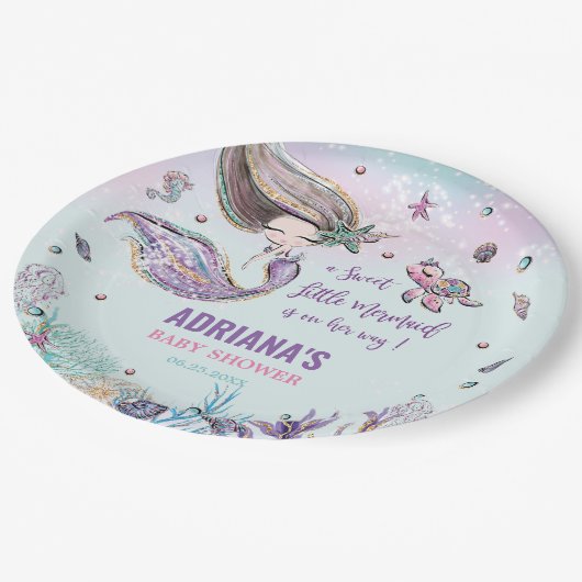 Whimsical Mermaid under the Zee Girl Baby shower Papieren Bordje (Gekanteld)