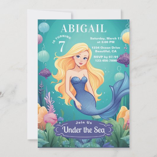 Whimsical Mermaid Under the Zee Ocean Birthday Kaart (Voorkant)