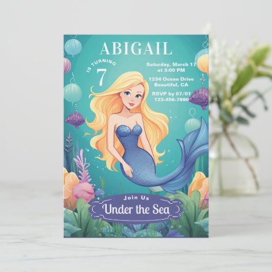 Whimsical Mermaid Under the Zee Ocean Birthday Kaart (Staand voorkant)