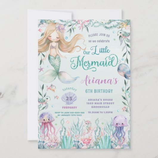 Whimsical Mermaid under the Zee Pool Birthday Kaart (Voorkant)