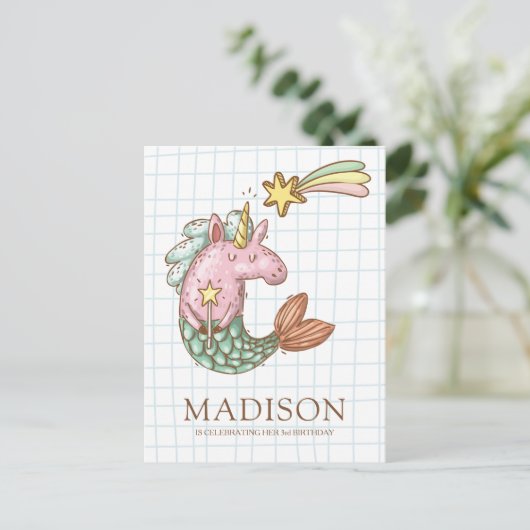 Whimsical Mermaid Unicorn Birthday Invitation Uitnodiging Briefkaart (Staand voorkant)