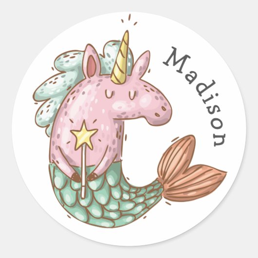 Whimsical Mermaid Unicorn met naam Ronde Sticker (Voorkant)