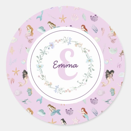 Whimsical Mermaids Monogram Ronde Sticker (Voorkant)