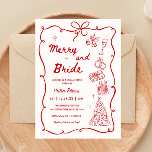 Whimsical Merry and Bride Holiday Bridal Shower Kaart