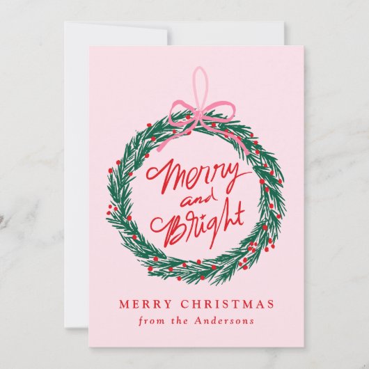 Whimsical Merry and Bright Wreath Roze Niet-foto Feestdagenkaart (Voorkant)