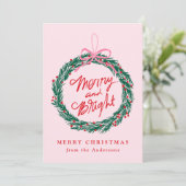 Whimsical Merry and Bright Wreath Roze Niet-foto Feestdagenkaart (Staand voorkant)
