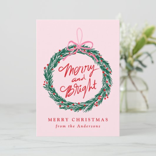 Whimsical Merry and Bright Wreath Roze Niet-foto Feestdagenkaart (Staand voorkant)