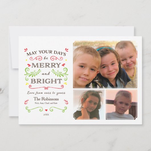Whimsical Merry & Bright (White) Holiday 3 Foto Feestdagenkaart (Voorkant)