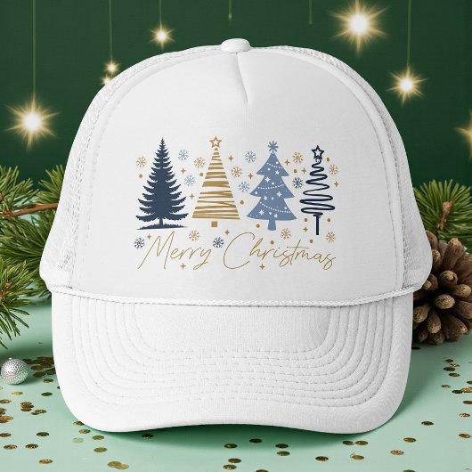 Whimsical Merry Christmas Festive Trees Blue Gold Trucker Pet