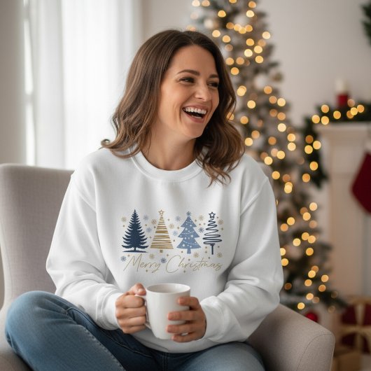 Whimsical Merry Christmas Festive Trees Blue Gold Trui