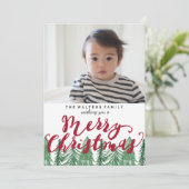 Whimsical Merry Christmas Pine Trees Vakantie Foto Feestdagenkaart (Staand voorkant)