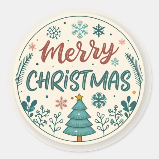 Whimsical Merry Christmas Ronde Sticker met Boom (Voorkant)