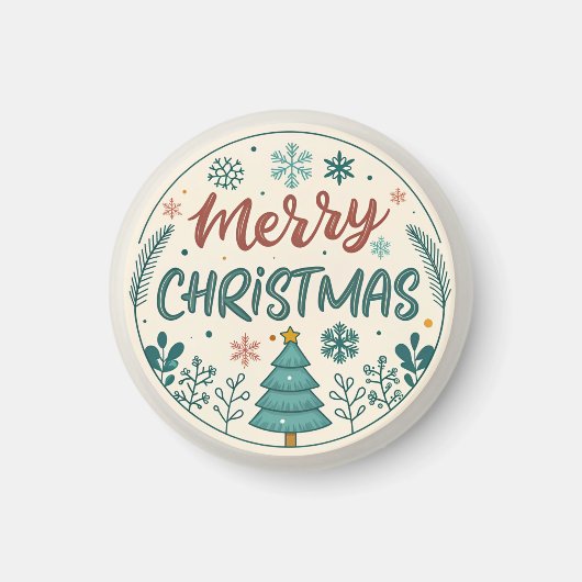 Whimsical Merry Christmas Ronde Sticker met Boom Magneet (Voorkant)