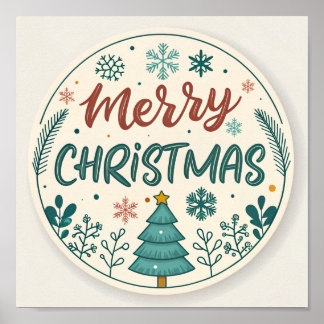 Whimsical Merry Christmas Ronde Sticker met Boom Poster