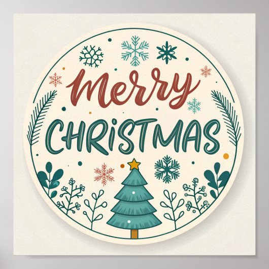 Whimsical Merry Christmas Ronde Sticker met Boom Poster (Voorkant)