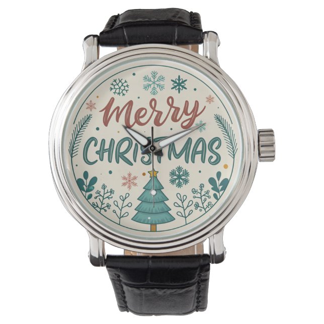 Whimsical Merry Christmas Sticker, feestelijke vak Horloge (Voorkant)