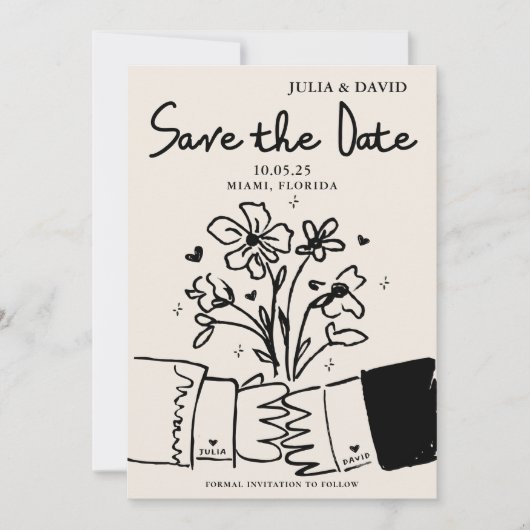 Whimsical met de hand getekend bloemmotief trouwka save the date (Voorkant)