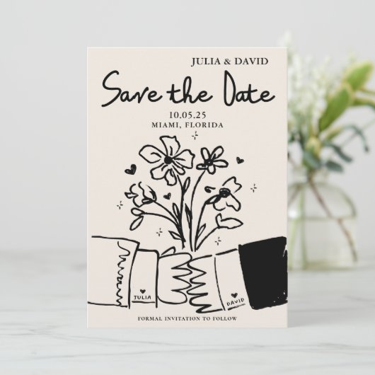 Whimsical met de hand getekend bloemmotief trouwka save the date (Staand voorkant)