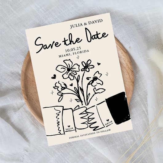 Whimsical met de hand getekend bloemmotief trouwka save the date