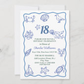Whimsical met de hand getekend zeeleven 18e verjaa kaart (Voorkant)