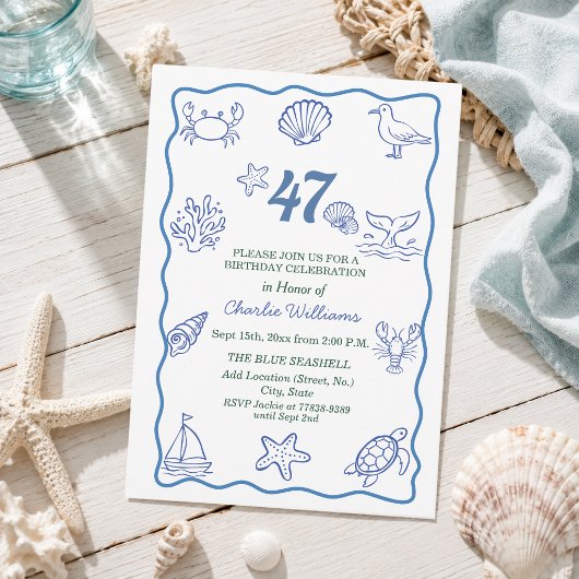 Whimsical met de hand getekend zeeleven 47e verjaa kaart