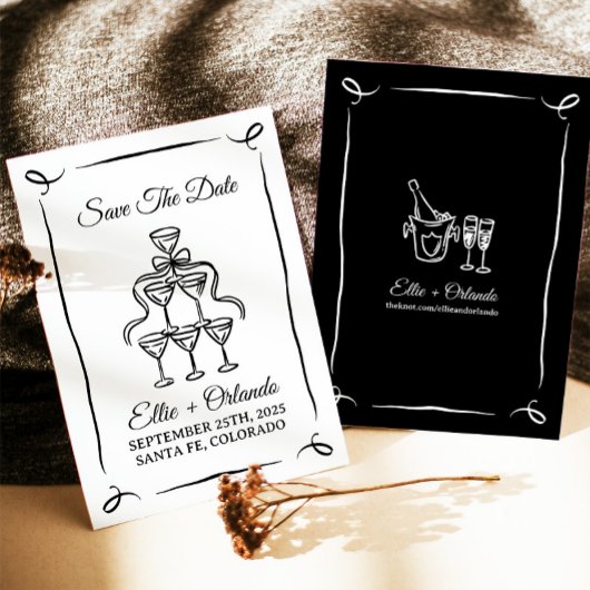 Whimsical met de hand getekende champagnetoren sav kaart