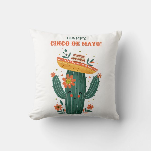 Whimsical Mexicaanse Cactus Happy Cinco de Mayo Kussen (Voorkant)