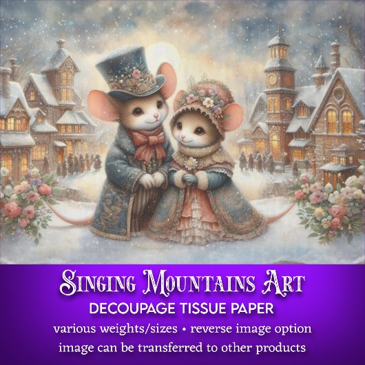 Whimsical Mice Rustic Snowy Village Decoupage Tissuepapier