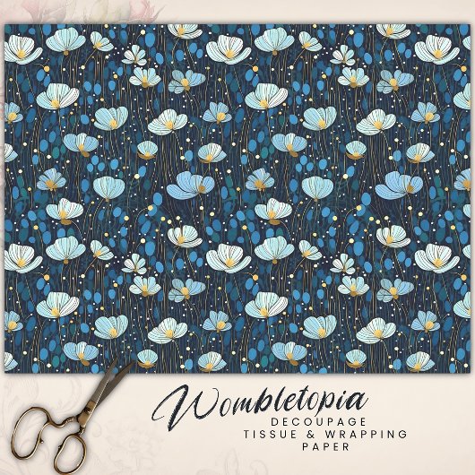 Whimsical Midnight Blue Poppy Decoupage Tissuepapier