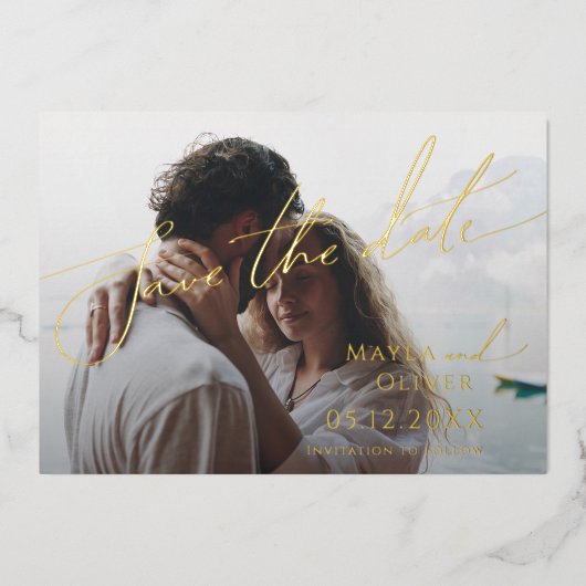 Whimsical Minimal Script Faded Photo Save the Date Folie Uitnodiging (Voorkant)