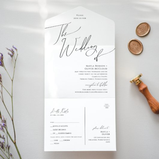 Whimsical Minimal Script Wedding of Seal and Send All In One Uitnodiging