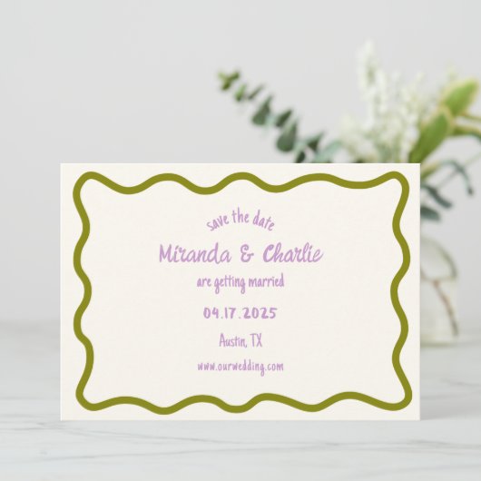 Whimsical minimale golvende rand handgeschreven Ca Save The Date (Staand voorkant)