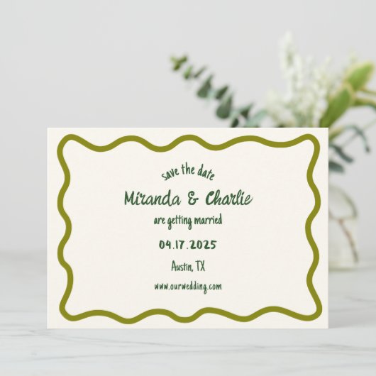 Whimsical minimale golvende rand handgeschreven Ca Save The Date (Staand voorkant)