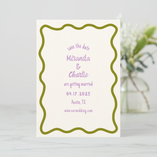Whimsical minimale golvende rand handgeschreven Ca Save The Date (Staand voorkant)