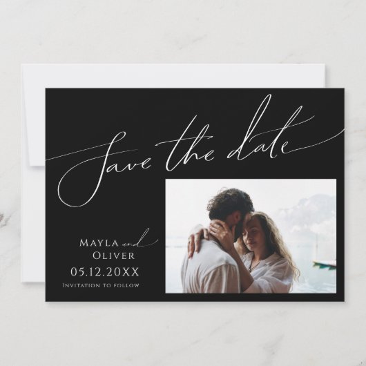 Whimsical Minimalist Black Photo Horizontal Save The Date (Voorkant)