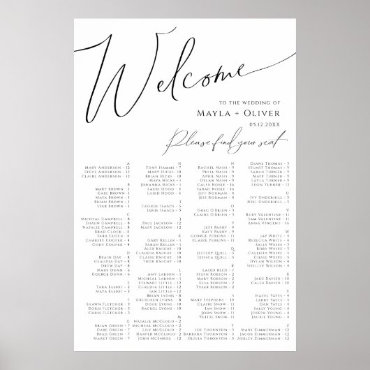 Whimsical Minimalist Script Alfabetical Seating P Poster (Voorkant)