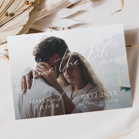 Whimsical Minimalist Script Faded Foto Save The Date