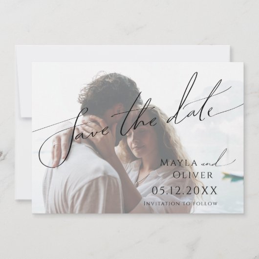 Whimsical Minimalist Script Light Faded foto Save The Date (Voorkant)