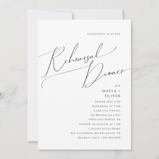 Whimsical Minimalist Script Rehearsal Dinner Kaart (Voorkant)