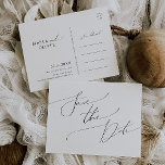 Whimsical Minimalist Script Save the Date Uitnodiging Briefkaart<br><div class="desc">Dit grillige minimalistische manuscript sparen het briefkaart van de datumuitnodiging is perfect voor uw klassieke eenvoudige zwarte en witte minimale moderne boho bruiloft. Het ontwerp biedt elegante, delicate en romantische handgeschreven kalligrafie met een formele shabby chic typografie. De blik zal goed gaan met om het even welk trouwseizoen: lente, zomer,...</div>