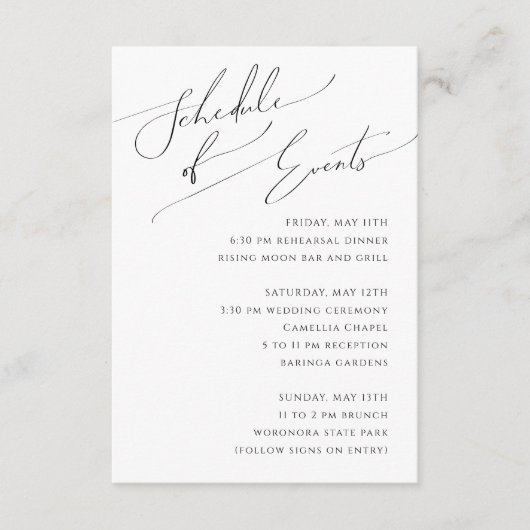 Whimsical Minimalist Script Schedule of Events Informatiekaartje (Voorkant)